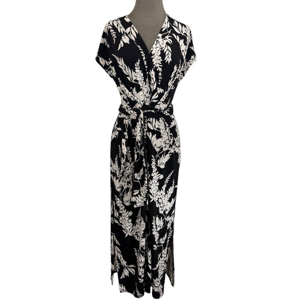 WHBM Button Front Midi Faux Wrap Dress Sz Small Black White Floral Side Slit